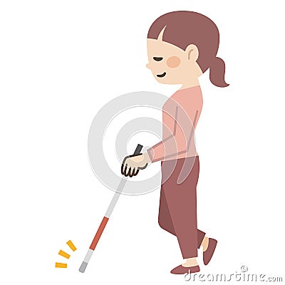 Illustration of a visually impaired woman walking while making a sound with a white cane Vector Illustration