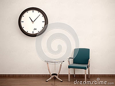 Illustration of Waiting room. Chair, table, clock Cartoon Illustration