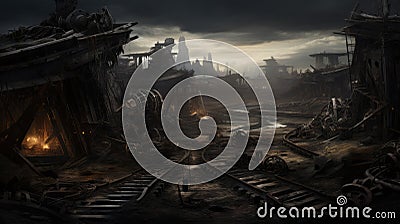 A walking path through broken robots and malfunctioning machines Cartoon Illustration