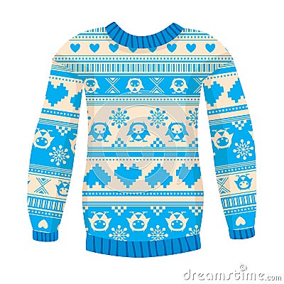 Illustration of warm sweater with owls and hearts. Blue version. Vector Illustration