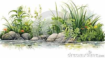 Whale Watercolor Landscape With Spider Plants - Eric Carle Inspired Art Cartoon Illustration