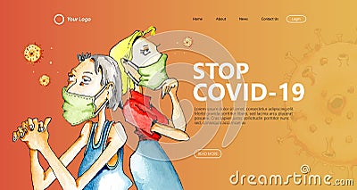 Illustration watercolor concept on stop covid 19 landing page Vector Illustration