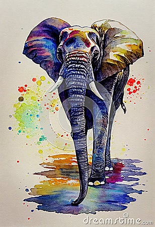 Illustration of watercolor elephant, abstract color background, eye contact. Digital art Stock Photo