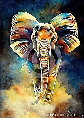 Illustration of watercolor elephant, abstract color background, eye contact. Digital art Stock Photo