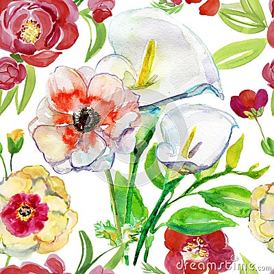 Illustration with watercolor flowers. Beautiful seamless background Stock Photo
