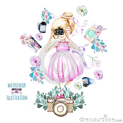 Illustration of watercolor Girl-photographer, retro cameras and floral elements Stock Photo
