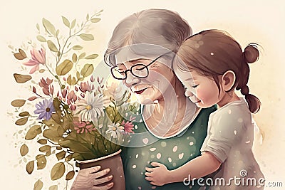 Grandmother and child, smiling and embracing each other, surrounded by flower in background Stock Photo