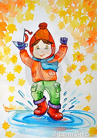 Illustration watercolor. Little girl in hat and rubber boots, with a ship in his hand, splashing in a puddle of autumn. Stock Photo