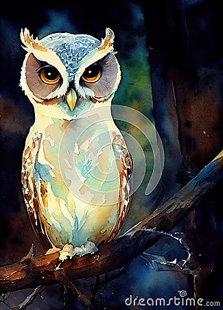 Illustration of watercolor owl, abstract color background, eye contact. Digital art Stock Photo