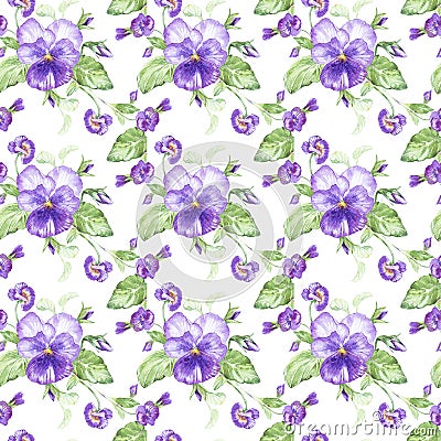 Illustration in watercolor of a pansy flower. Floral card with flowers. Botanical illustration seamless pattern. Cartoon Illustration