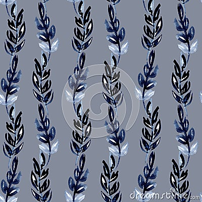 Illustration watercolor seamless pattern of indigo leaves in the form of vertical stripes waves on a gray background Stock Photo