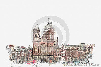 Illustration or watercolor sketch. Traditional old architecture in Amsterdam. Stock Photo