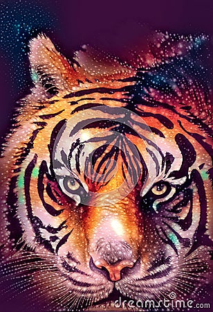 illustration of watercolor tiger, abstract color background, eye contact. Digital art. Cartoon Illustration