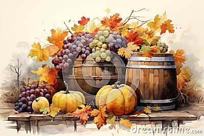 wooden box filled with autumn harvest pumpkins, apples, grapes, sunflowers, centered, autumn leaves Cartoon Illustration