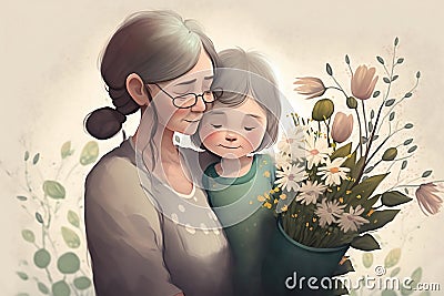 Mother and child, smiling and embracing each other, surrounded by flower in background Stock Photo