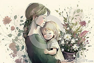 Young Mother and child, smiling and embracing each other, surrounded by flower in background Stock Photo