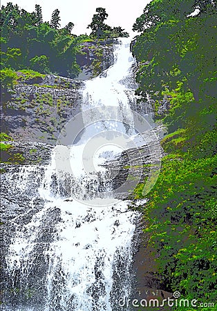 Illustration of a Waterfall Flowing from Height amidst Green Forest Cartoon Illustration