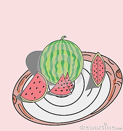 illustration of watermelon fruit on a plate pink background. Stock Photo
