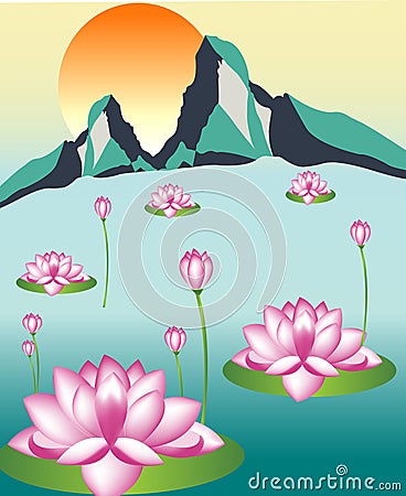 Illustration of a waterscape with lotus Vector Illustration