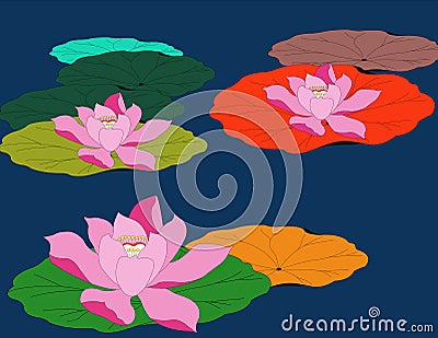 Illustration of waterscape with three lotus flowers Stock Photo