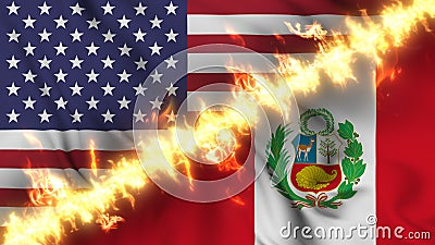 Illustration of a waving flag of Peru and the United States separated by a line of fire. Stock Photo