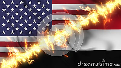 Illustration of a waving flag of Yemen and the United States separated by a line of fire. Stock Photo