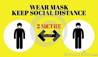 An illustration WEAR MASK KEEP SOCIAL DISTANCE 2 METRE on yellow background with icons. Cartoon Illustration