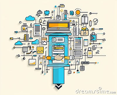 Illustration of website design or mobile application design. Visualization of website or mobile app creation. Depiction Cartoon Illustration