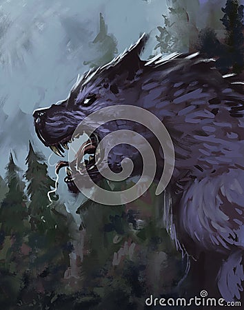 Werewolf in a wooded environment growling at the moon - digital fantasy painting Stock Photo