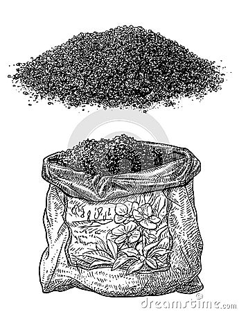 Soil and plastic bag illustration, drawing, engraving, ink, line art, vector Vector Illustration