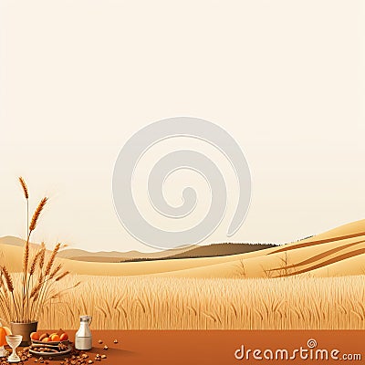 an illustration of a wheat field with a bowl of cereal and a bottle of milk Cartoon Illustration