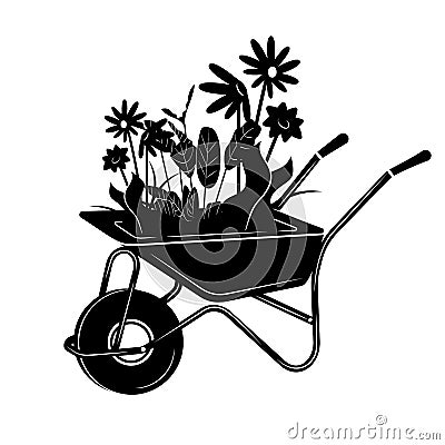 Illustration of a wheelbarrow with flowers in a simple style Vector Illustration