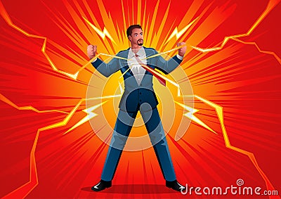 Illustration where a businessman is energized and empowered by a lightning bolt Vector Illustration