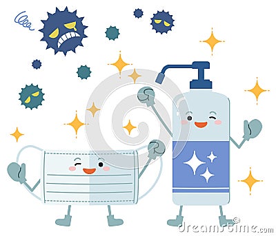 Vector illustration of hand sanitizer and mask as cute character for kids. Beat the virus. Vector Illustration