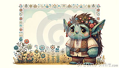 Illustration of a whimsical gnome with a floral crown Stock Photo