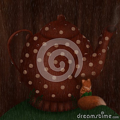 Illustration of a whimsical red teapot with polka dots. Fox seeking shelter rain Cartoon Illustration