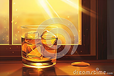 Illustration of a whiskey glass in sunset light. Concept of relaxation, end-of-day unwind, and the pleasure of solitude. Stock Photo