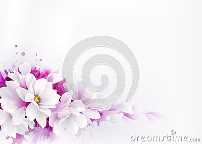 Illustration of white beautiful Magnolias, Spring elegant flowers depicted on the watercolor background. Vector Illustration