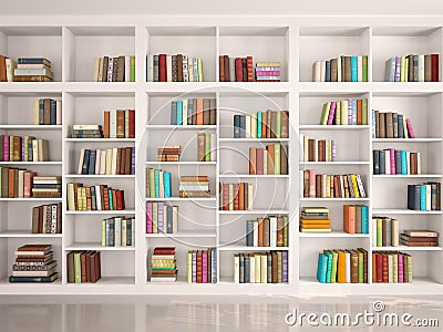 illustration of White bookshelves with various colorful books Cartoon Illustration