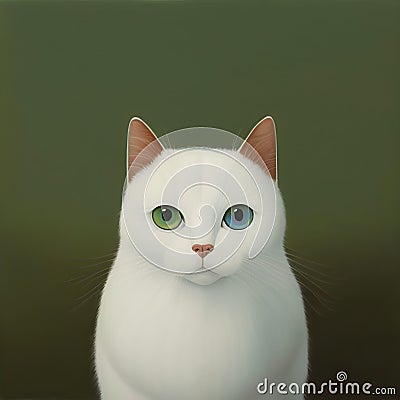 Illustration of White cat with different color eyes. Turkish angora. Van kitten with blue and green eye lies on white bed. Stock Photo