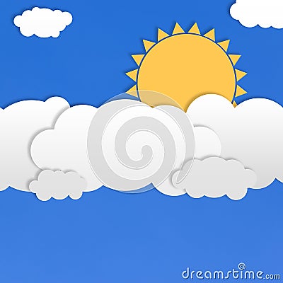 Abstract White Clouds and Yellow Sun in Blue Sky Background Stock Photo