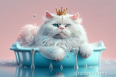 illustration of white fluffy queen cat laying in the bath. grooming animal concept Cartoon Illustration