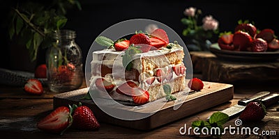 White Forest Cake with Strawberries Cartoon Illustration