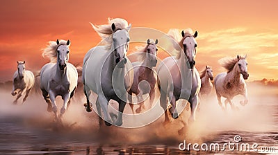 Illustration of a white herd of horses galloping at sunset Cartoon Illustration