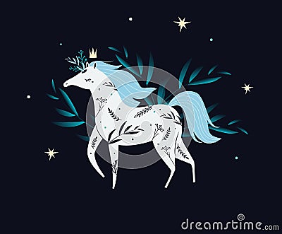 Illustration with white magic princess horse. Dark mystic poster, fairy card Vector Illustration