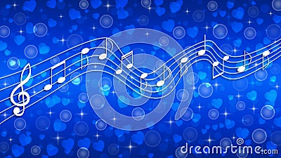 White Music Notes, Bubbles, Sparkles and Hearts in Blue Gradient Background Stock Photo