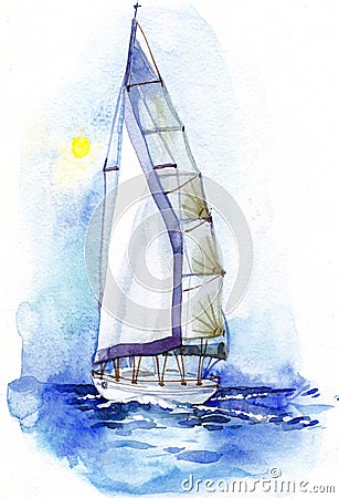 Illustration of a white sail in a blue sea on a white background. Stock Photo