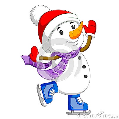 A white snowman is dancing with the blue ice skating shoes Vector Illustration