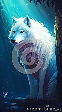 Illustration of a white wolf in the deep blue sea. Vector illustration. Cartoon Illustration