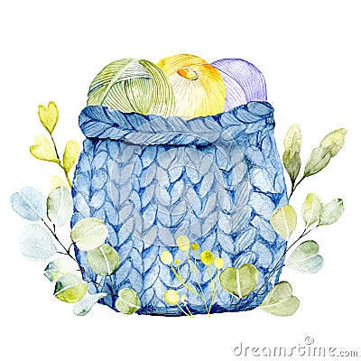 Illustration of a Wicker Basket Full of Knitting Materials craft, ball Stock Photo